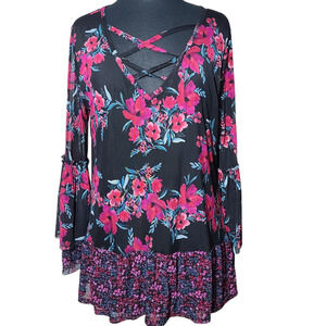 Como Blue tunic blouse v neck key hole bell sleeve ruffle floral sz L